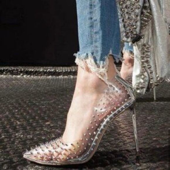 Revolve Steve Madden Luiza Vala Studded Clear Pointed toe Stiletto Heels Silver - Picture 1 of 12